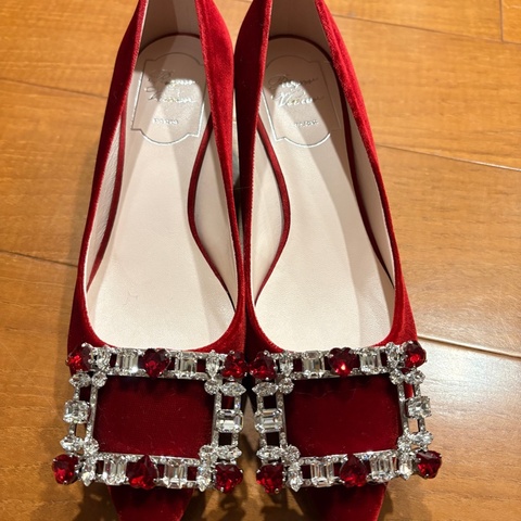 Roger Vivier紅絲絨低跟鞋（全新）