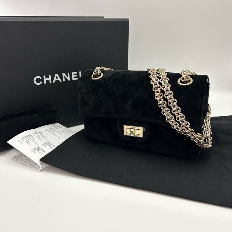 CHANEL 黑金2.55絲絨大mini肩背斜背包20*12*8 全新閒置配件盒子塵袋購證-1