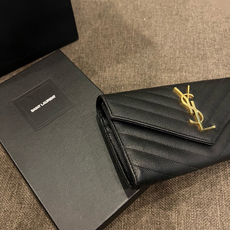 📢二手 Saint Laurent YSL黑金魚子醬掀蓋式信封長夾 正品-6