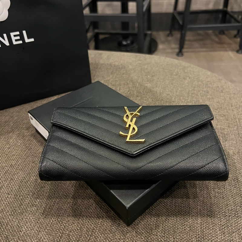 📢二手 Saint Laurent YSL黑金魚子醬掀蓋式信封長夾 正品-7
