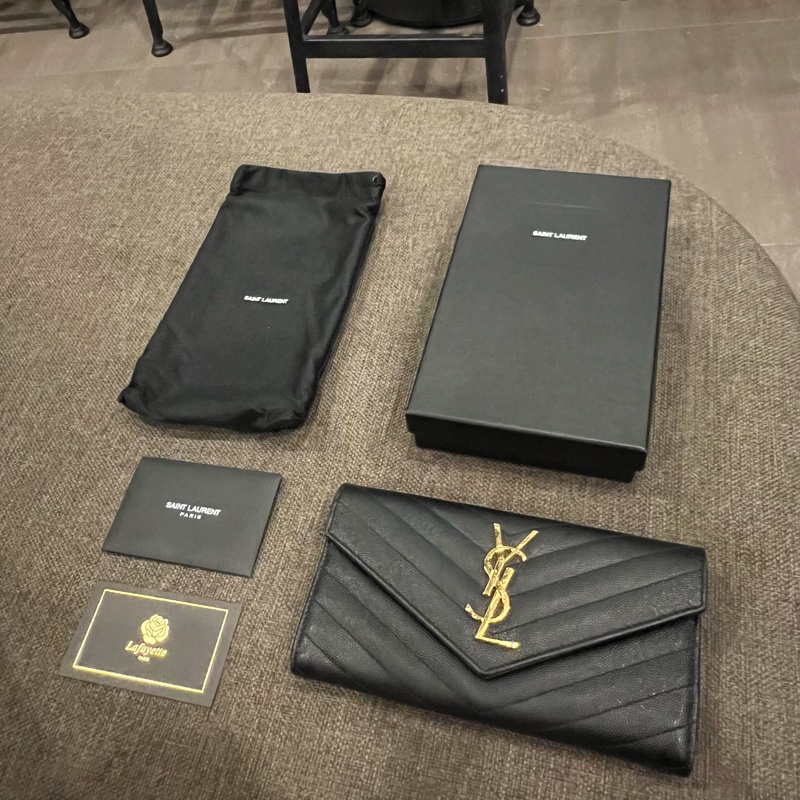 📢二手 Saint Laurent YSL黑金魚子醬掀蓋式信封長夾 正品-9