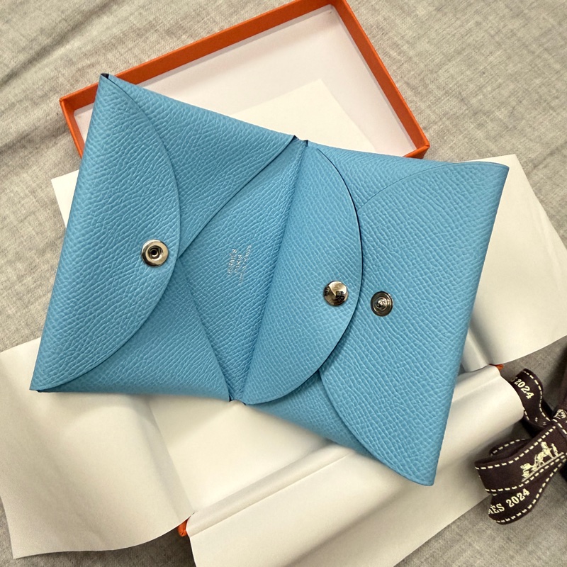 全新 Hermes 愛馬仕 Calvi Duo 卡片夾/零錢包 水藍色-1