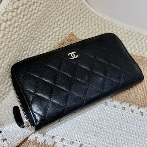 【近新閒置品】Chanel香奈兒 黑銀羊皮長錢包15開長夾財布證件票卡包