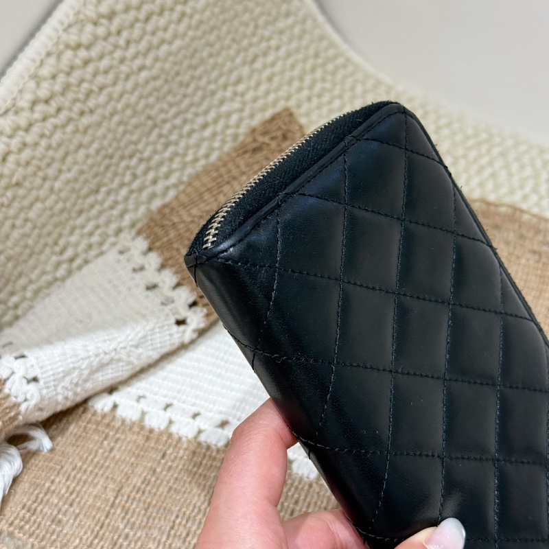 【近新閒置品】Chanel香奈兒 黑銀羊皮長錢包15開長夾財布證件票卡包-5