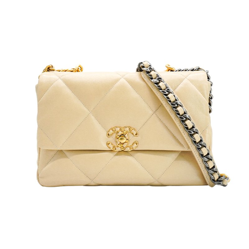 Chanel 19 菱格羊皮雙色鍊帶手提/肩背包-30cm(AS1161-米)-0