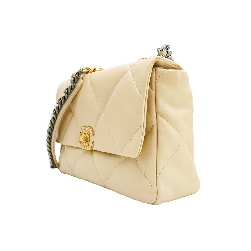 Chanel 19 菱格羊皮雙色鍊帶手提/肩背包-30cm(AS1161-米)-1