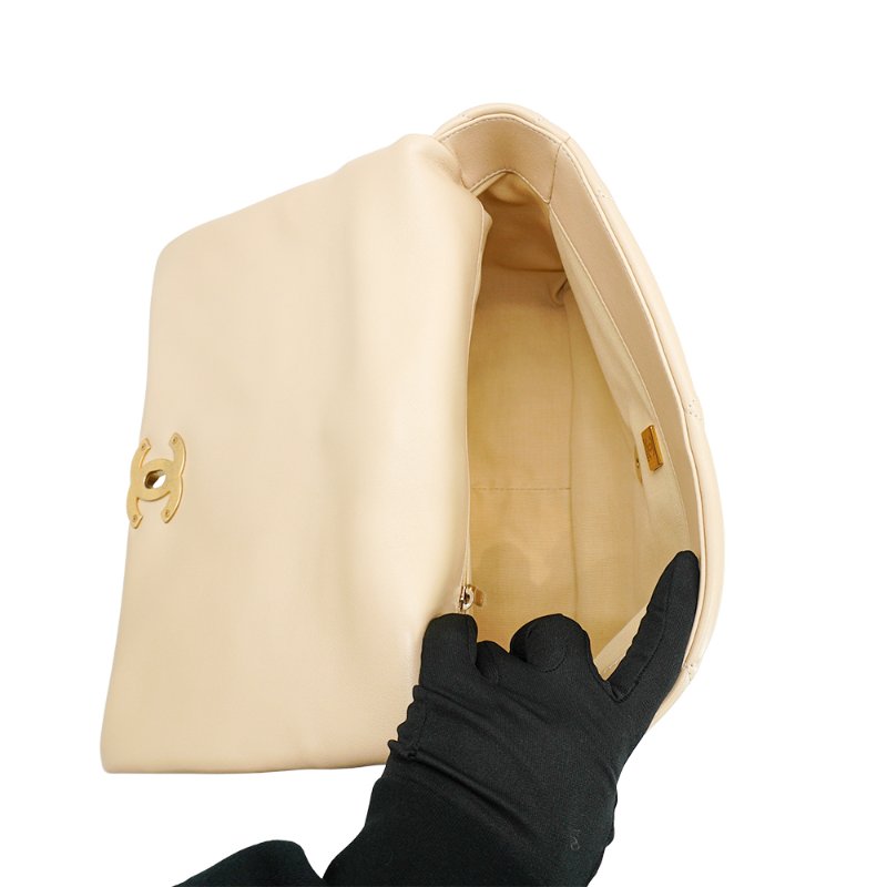 Chanel 19 菱格羊皮雙色鍊帶手提/肩背包-30cm(AS1161-米)-4