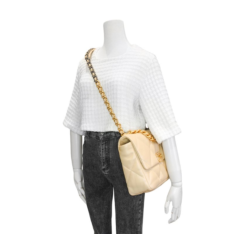 Chanel 19 菱格羊皮雙色鍊帶手提/肩背包-30cm(AS1161-米)-5