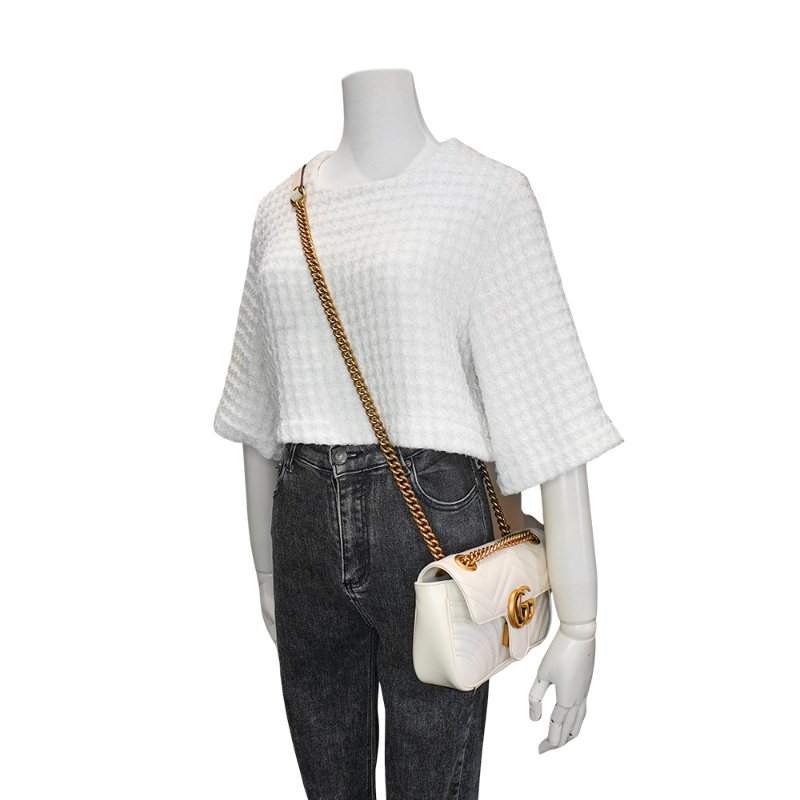 Gucci 展示品 Marmont 雙G牛皮掀蓋斜背包-22cm(446744-白)-5