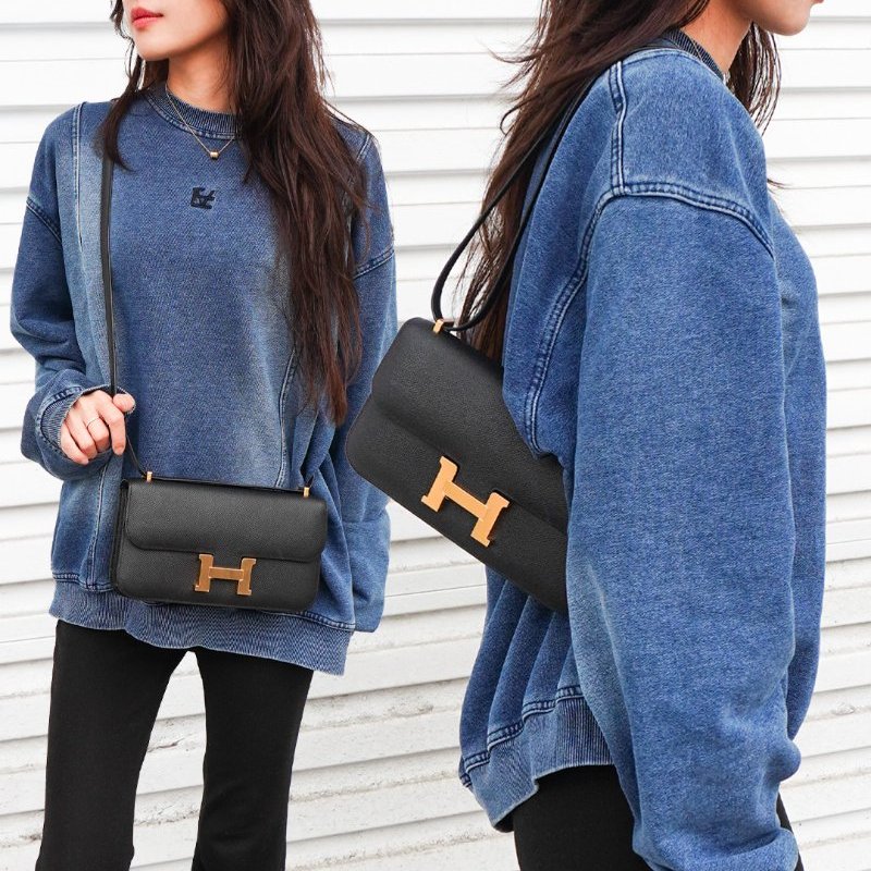 Hermes Constance Elan Epsom牛皮H金釦長夾/斜背包(89黑)-0