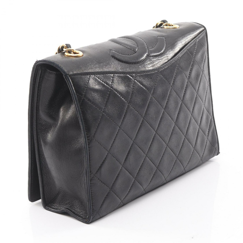 香奈兒 (CHANEL) 絎縫斜背包，羊皮材質，黑色，金色五金，二手女款-1