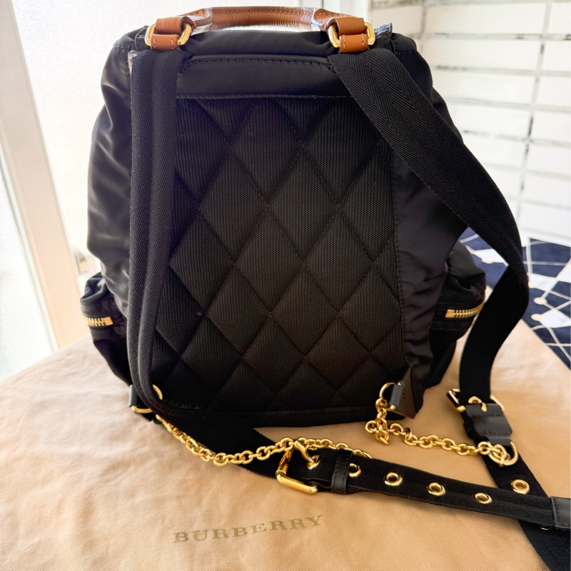 二手BURBERRY黑色金鏈尼龍中款雙肩包後背包Rucksack-5