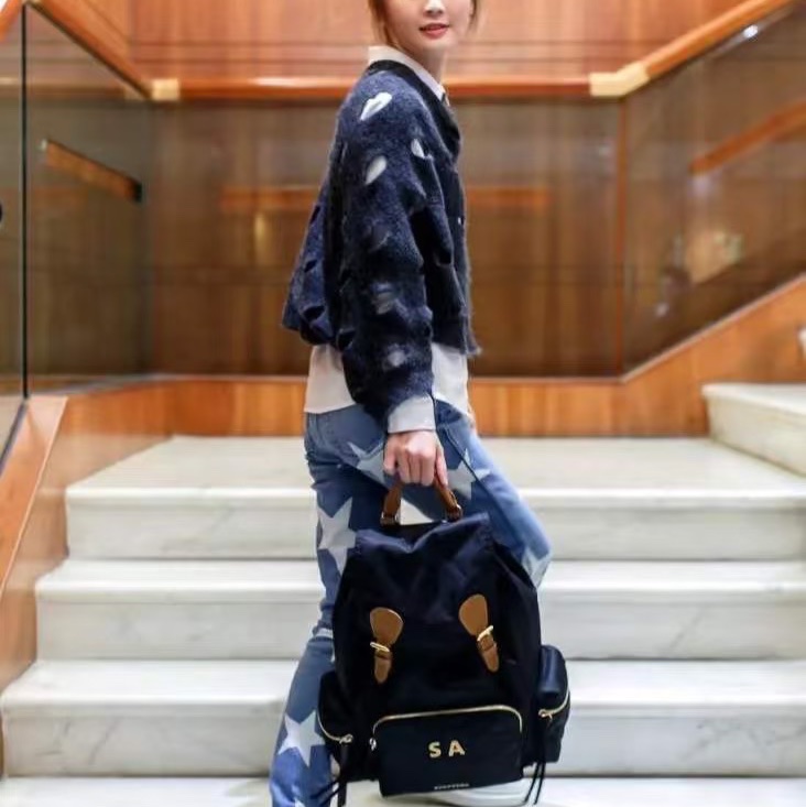 二手BURBERRY黑色金鏈尼龍中款雙肩包後背包Rucksack-14