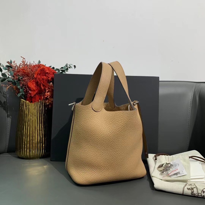 Hermes愛馬仕水桶18奶茶色tc皮銀扣Z刻 菜籃子-2