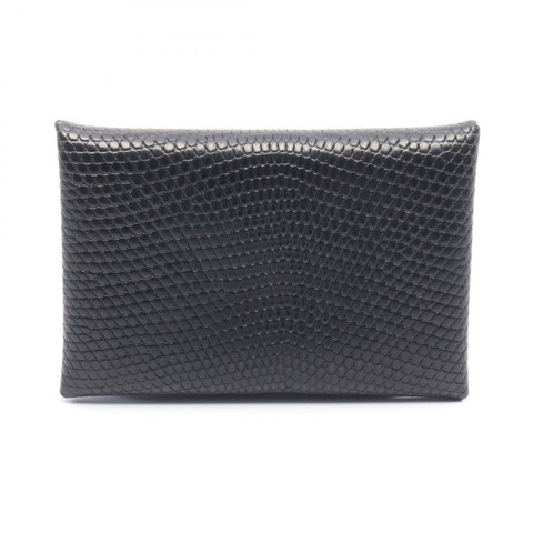 愛馬仕 Calvi 零錢包，蜥蜴皮，異國皮革，黑色，二手，女士