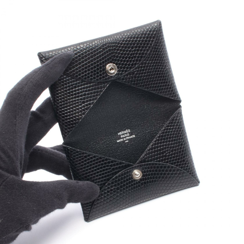 愛馬仕 Calvi 零錢包,蜥蜴皮,異國皮革,黑色,二手,女士-2