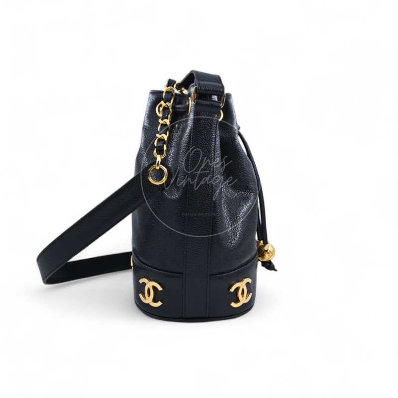 [Pre-owned] Chanel Vintage CC Mark Black Caviar Drawstring Bucket Bag-1