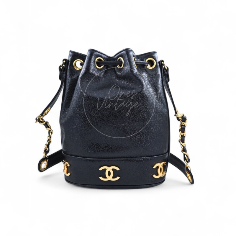 [Pre-owned] Chanel Vintage CC Mark Black Caviar Drawstring Bucket Bag-5