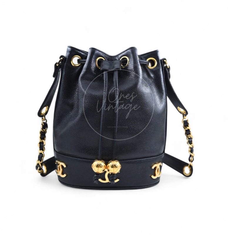 [Pre-owned] Chanel Vintage CC Mark Black Caviar Drawstring Bucket Bag-6