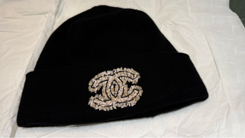 Chanel 花呢拼接雙C大logo毛帽-1