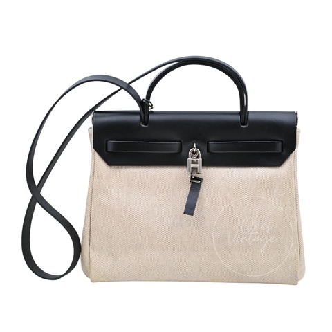 [Pre-owned] Hermes Herbag 31 Black Swift Beige Toile H PHW Stamp Square G