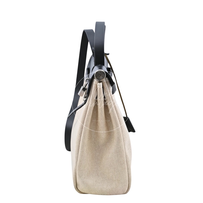 [Pre-owned] Hermes Herbag 31 Black Swift Beige Toile H PHW Stamp Square G-2