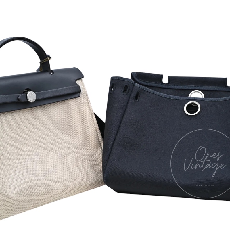 [Pre-owned] Hermes Herbag 31 Black Swift Beige Toile H PHW Stamp Square G-20