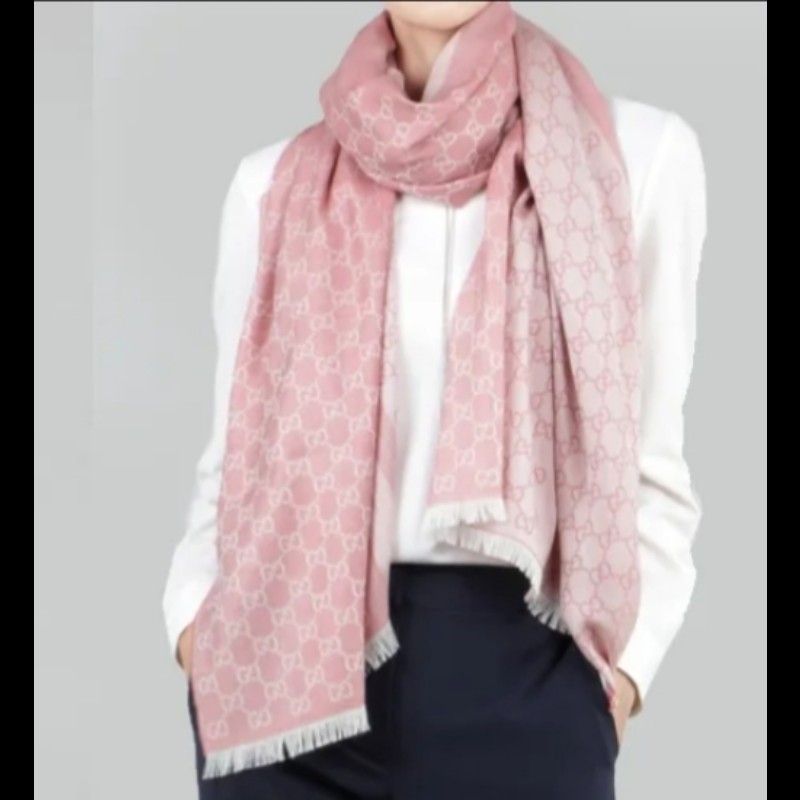 Gucci 雙G緹花logo羊毛蠶絲披肩圍巾(玫瑰粉×粉白）-0