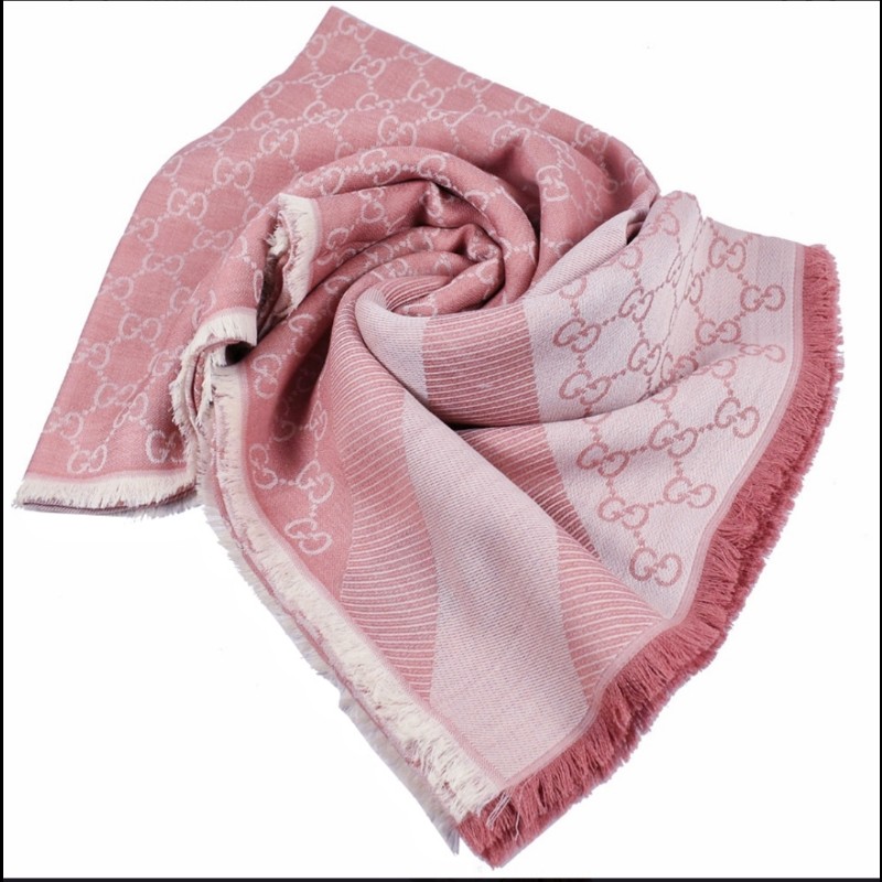 Gucci 雙G緹花logo羊毛蠶絲披肩圍巾(玫瑰粉×粉白）-4
