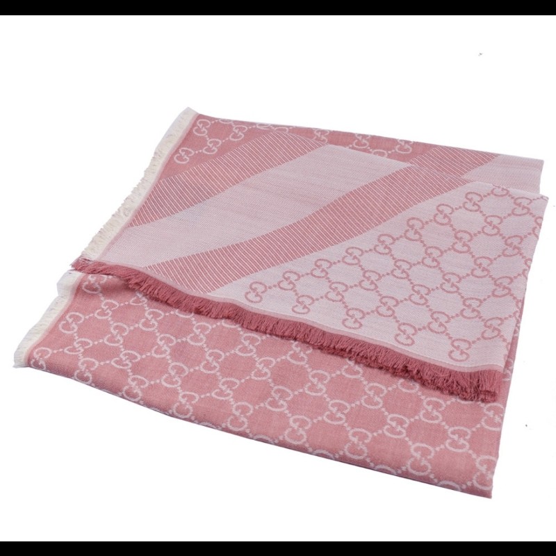 Gucci 雙G緹花logo羊毛蠶絲披肩圍巾(玫瑰粉×粉白）-6