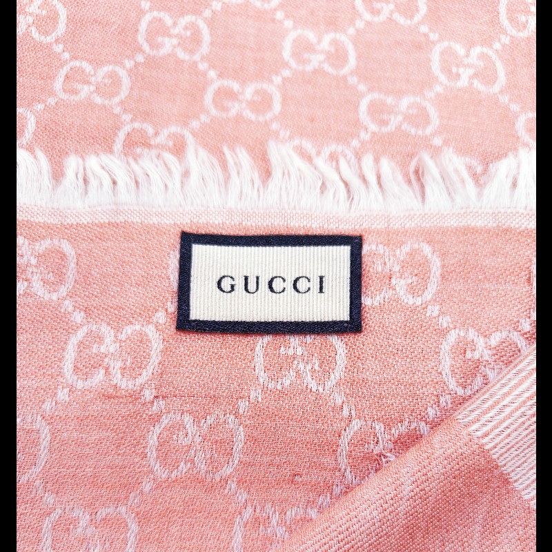 Gucci 雙G緹花logo羊毛蠶絲披肩圍巾(玫瑰粉×粉白）-7