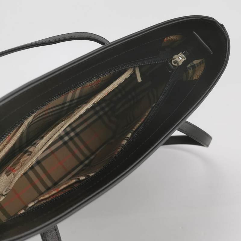 Burberry牛皮帆布拼接格紋壓紋字母Logo單肩包-6