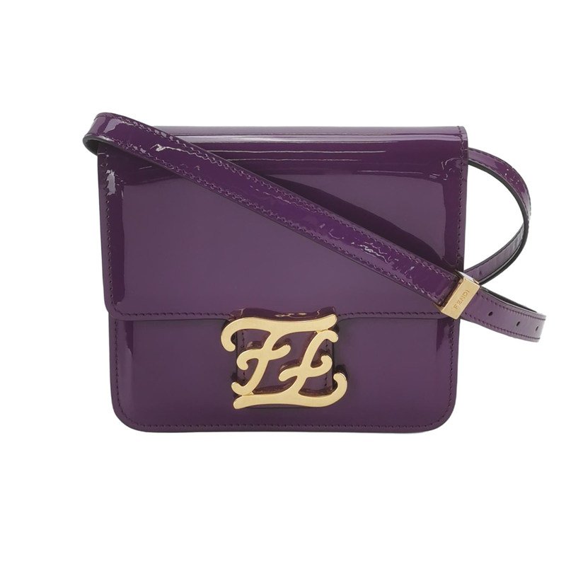 Fendi Karligraphy漆皮純色花體雙Flogo斜挎包單肩包-0