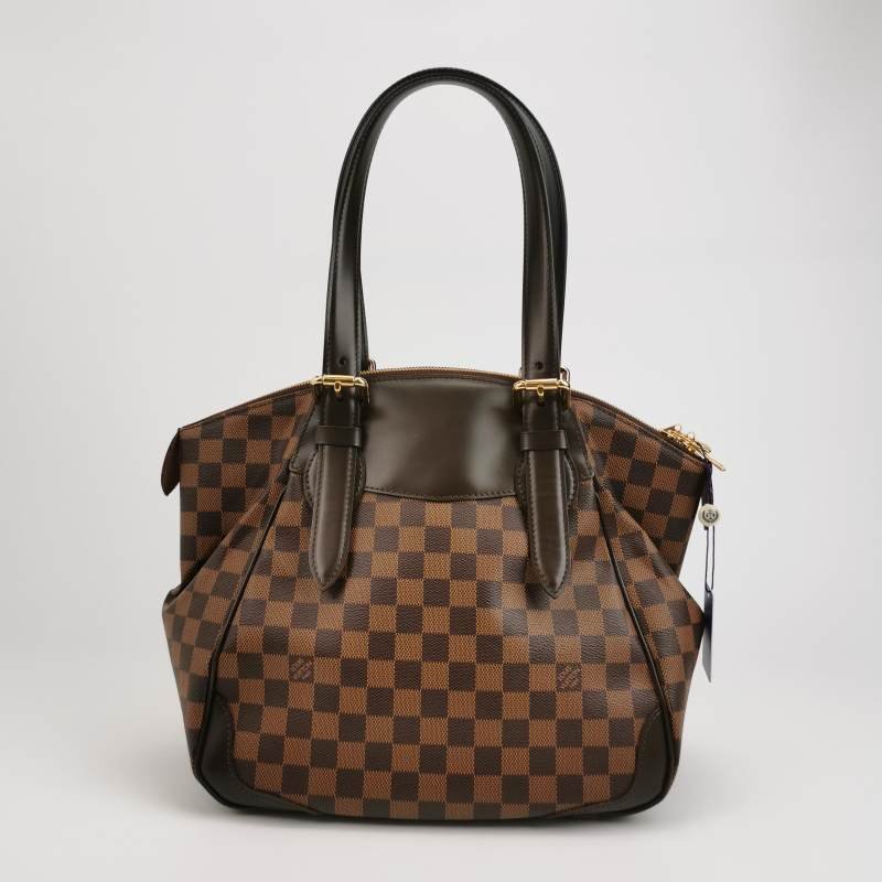 Louis Vuitton(LV)Verona中號牛皮拼色棋盤格logo徽標飾邊托特包單肩包-4