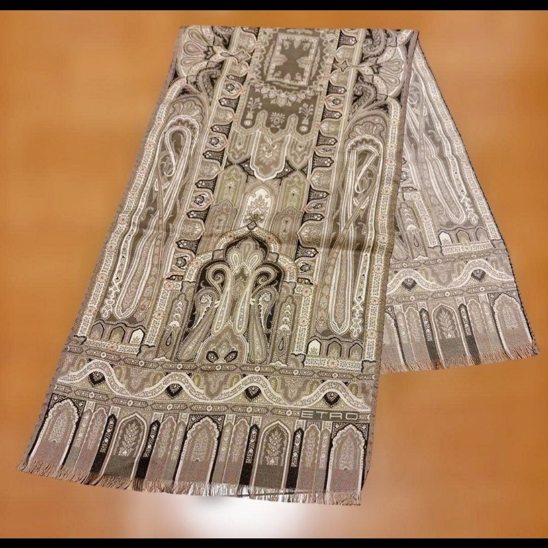 Etro 褐色巴洛克風格羊毛圍巾-3