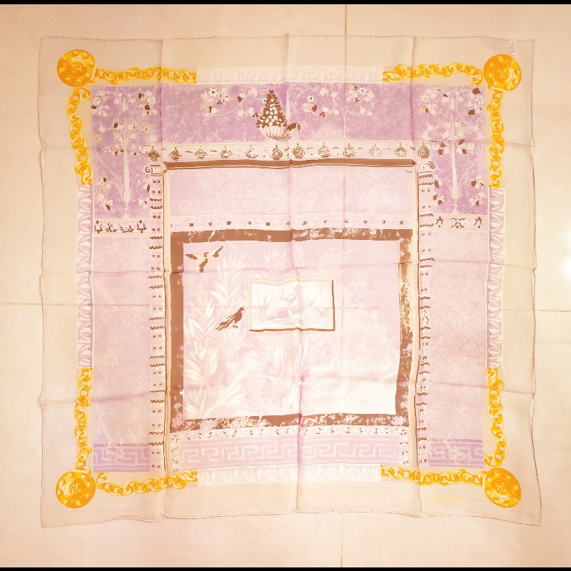 Celine 凱旋門鳥語花香淺紫色絲巾-5