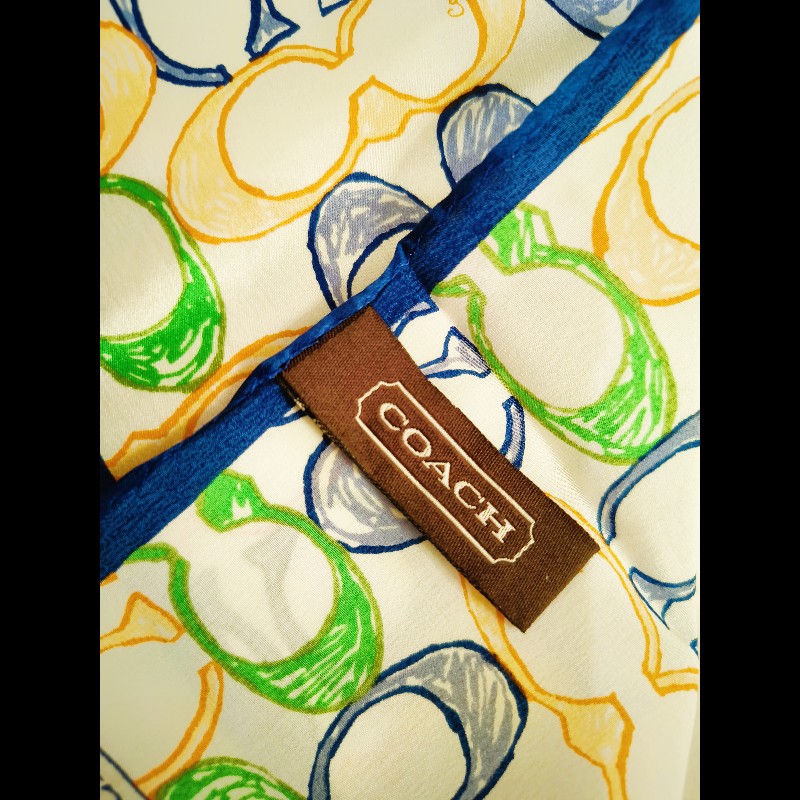 COACH 藍邊白底logo Twilly絲巾-3