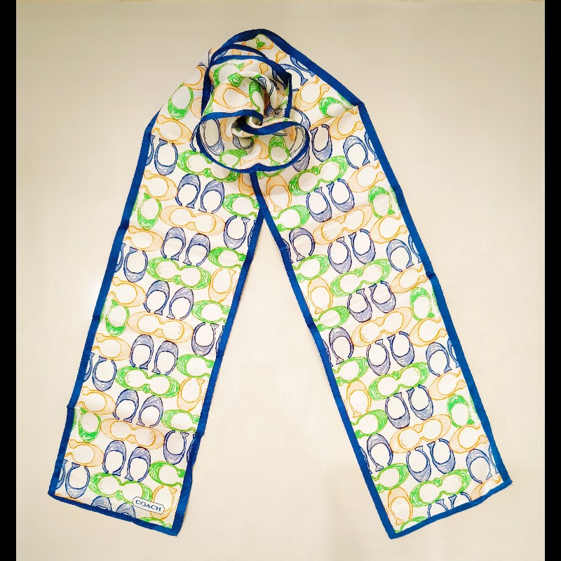 COACH 藍邊白底logo Twilly絲巾-6