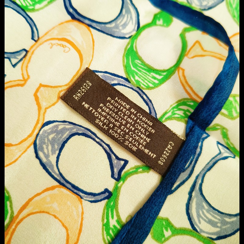 COACH 藍邊白底logo Twilly絲巾-8