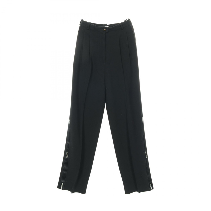 香奈兒 COCO 標誌紐扣側邊 logo 長褲 P05760 羊毛黑色二手女裝 #38-0