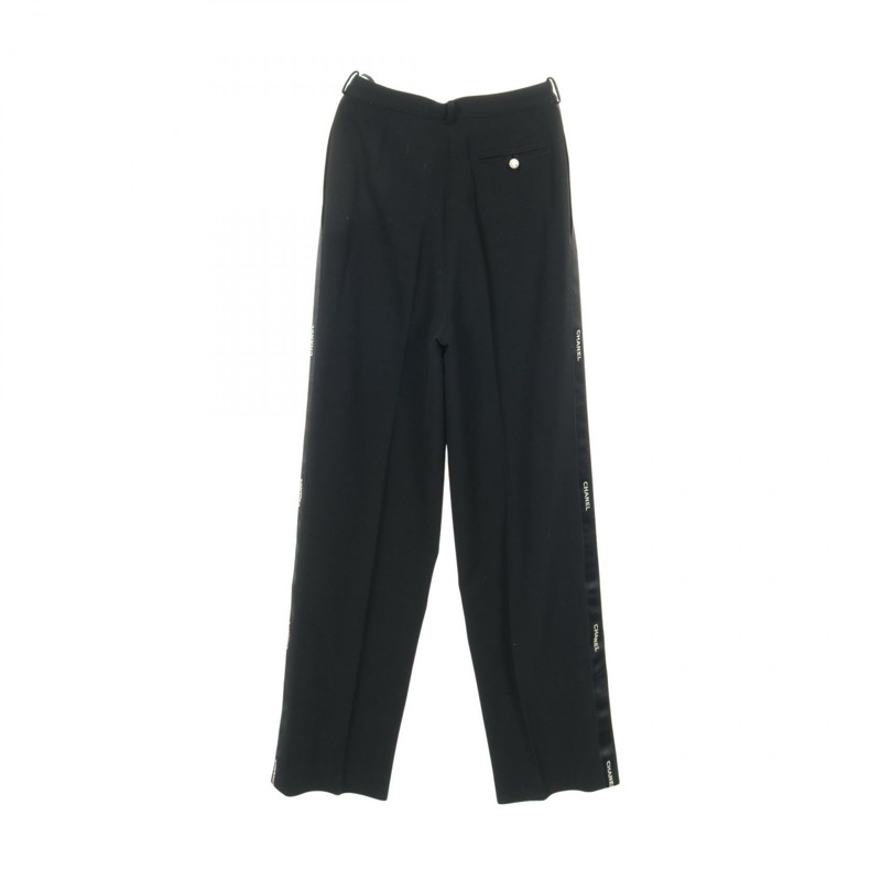 香奈兒 COCO 標誌紐扣側邊 logo 長褲 P05760 羊毛黑色二手女裝 #38-1
