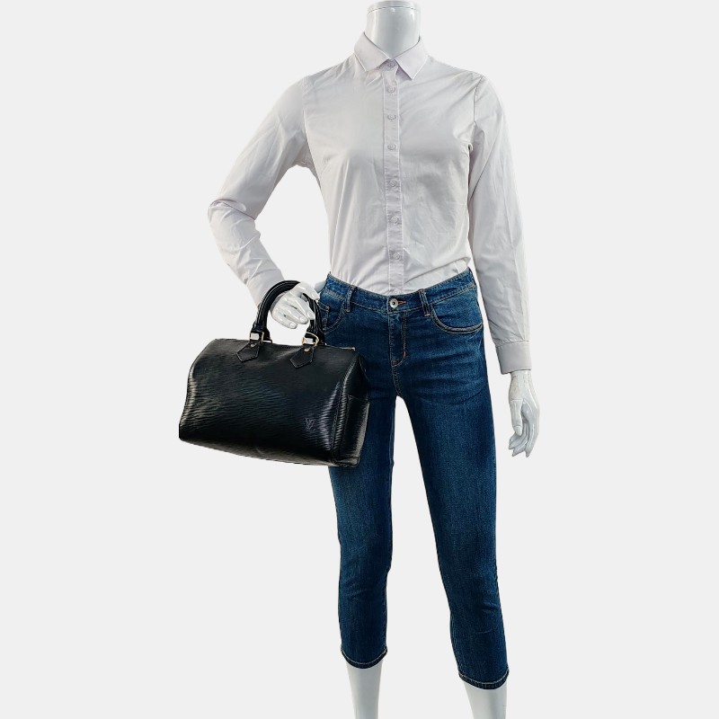 LOUIS VUITTON SPEEDY 25 黑色EPI牛皮水波紋波士頓包手提包金色五金中古款-1