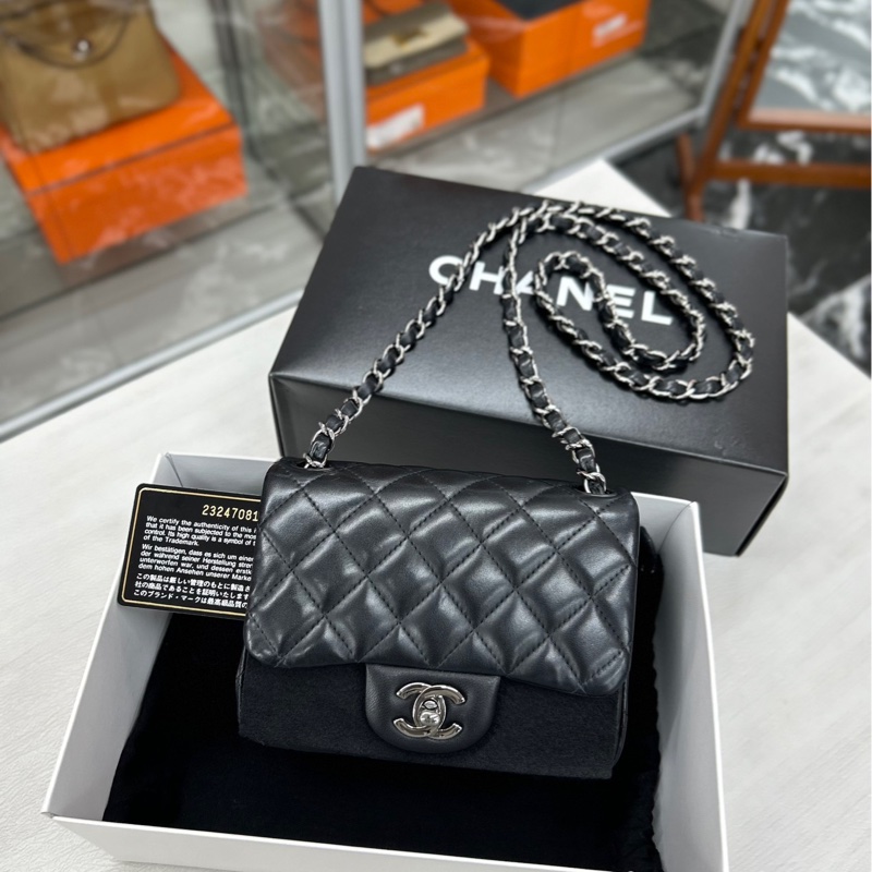 【98新】Chanel 黑銀 so black 羊皮方胖子 單肩包斜挎包-0