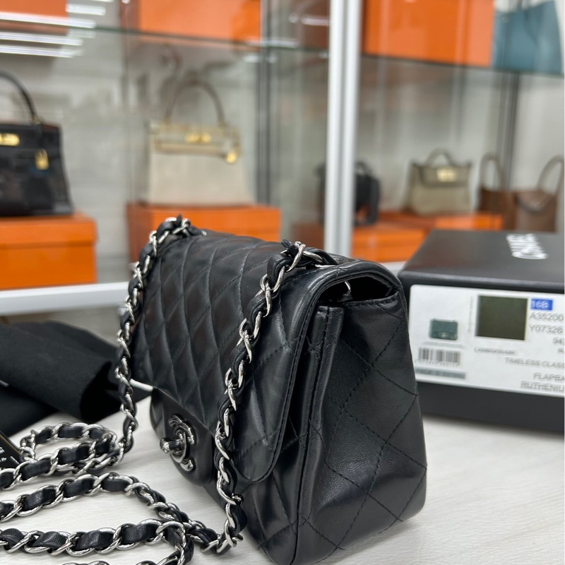 【98新】Chanel 黑銀 so black 羊皮方胖子 單肩包斜挎包-2