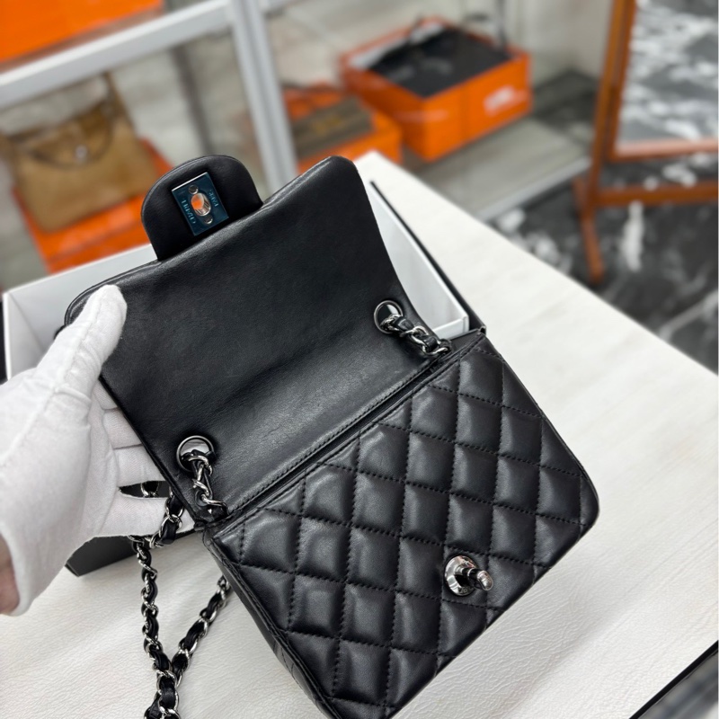 【98新】Chanel 黑銀 so black 羊皮方胖子 單肩包斜挎包-7