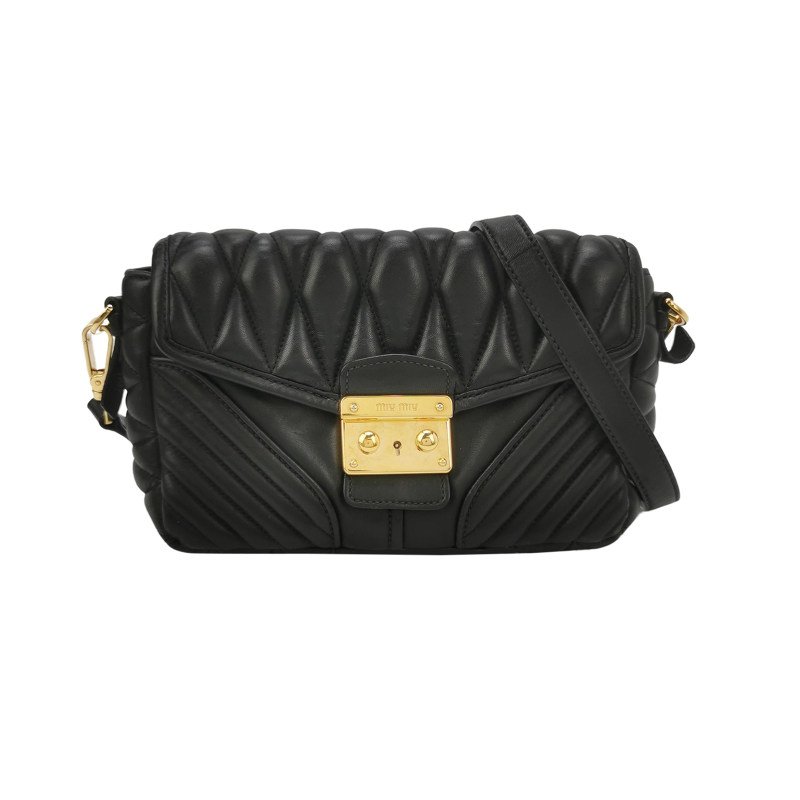 Miu Miu羊皮純色絎縫字母Logo金屬扣斜挎包單肩包-0