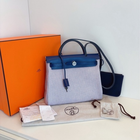 【99新全套🆕】Hermes 限量款✨粉白藍華夫餅格Herbag Zip31單肩包 手提包法國藍配皮銀扣 Z刻 夢幻配色:寧靜藍  浪漫粉