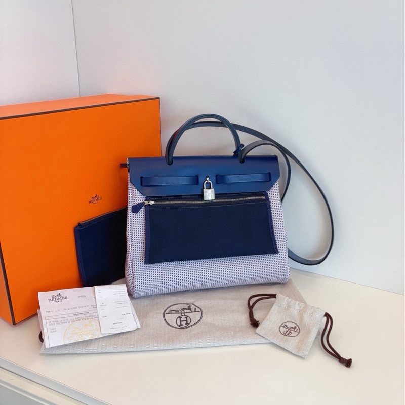 【99新全套🆕】Hermes 限量款✨粉白藍華夫餅格Herbag Zip31單肩包 手提包法國藍配皮銀扣 Z刻 夢幻配色:寧靜藍 浪漫粉-2