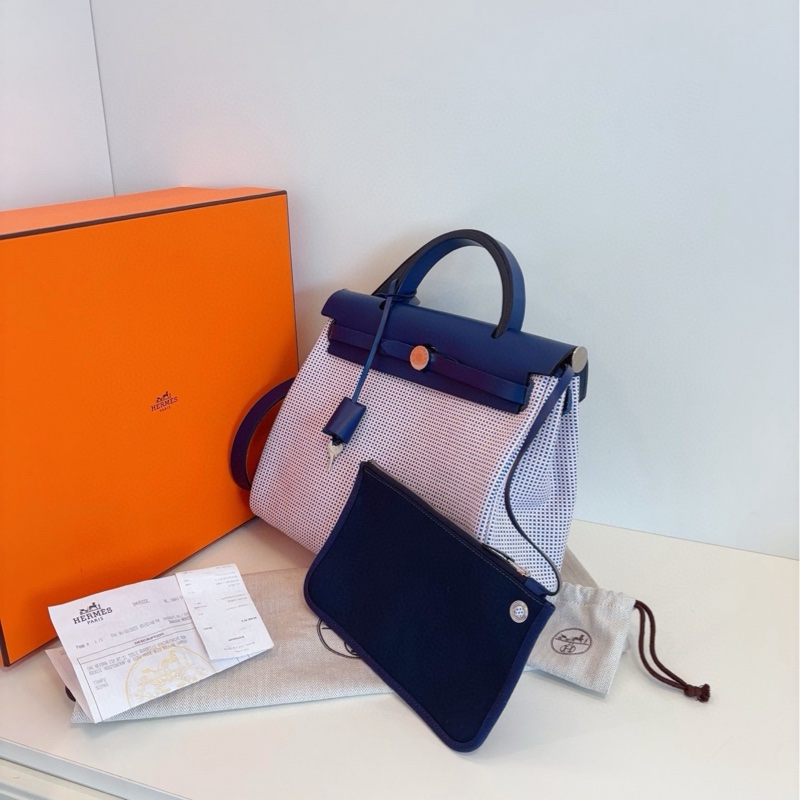 【99新全套🆕】Hermes 限量款✨粉白藍華夫餅格Herbag Zip31單肩包 手提包法國藍配皮銀扣 Z刻 夢幻配色:寧靜藍 浪漫粉-6