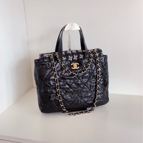 【98新🆕】Chanel 黑金孟買 牛皮拼格紋毛呢2way琴譜托特包 手提包單肩包